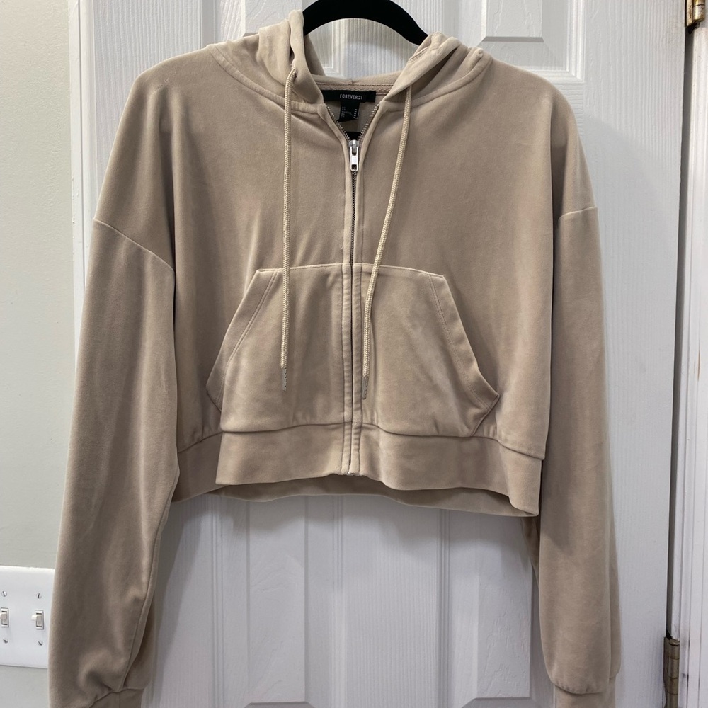 Forever 21 Taupe Zip-Up Cropped Hoodie